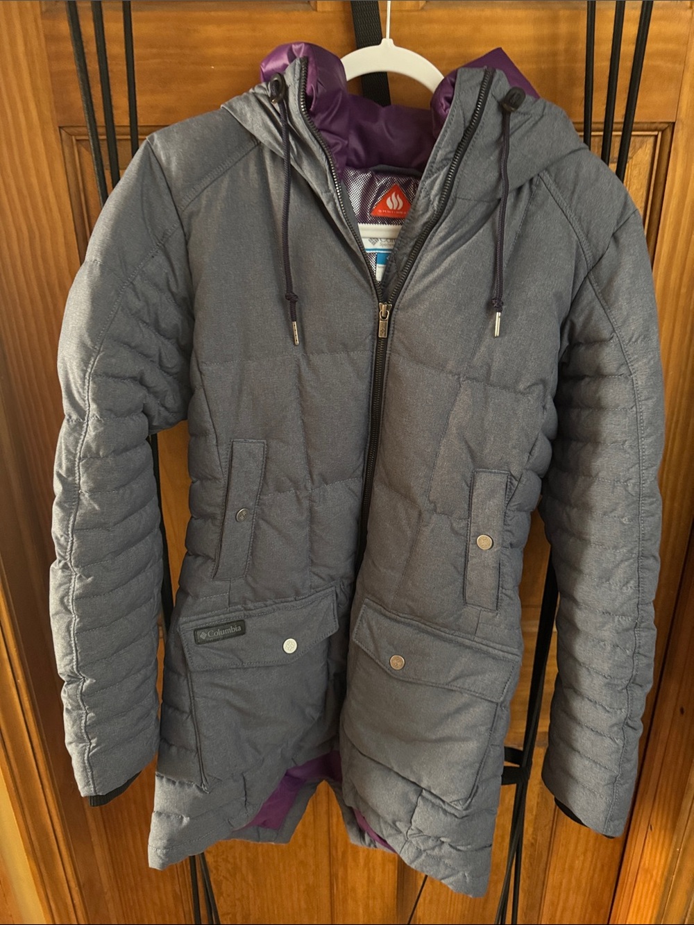 Columbia Gray Hooded Omni Heat Puffer Coat with Purple Lining